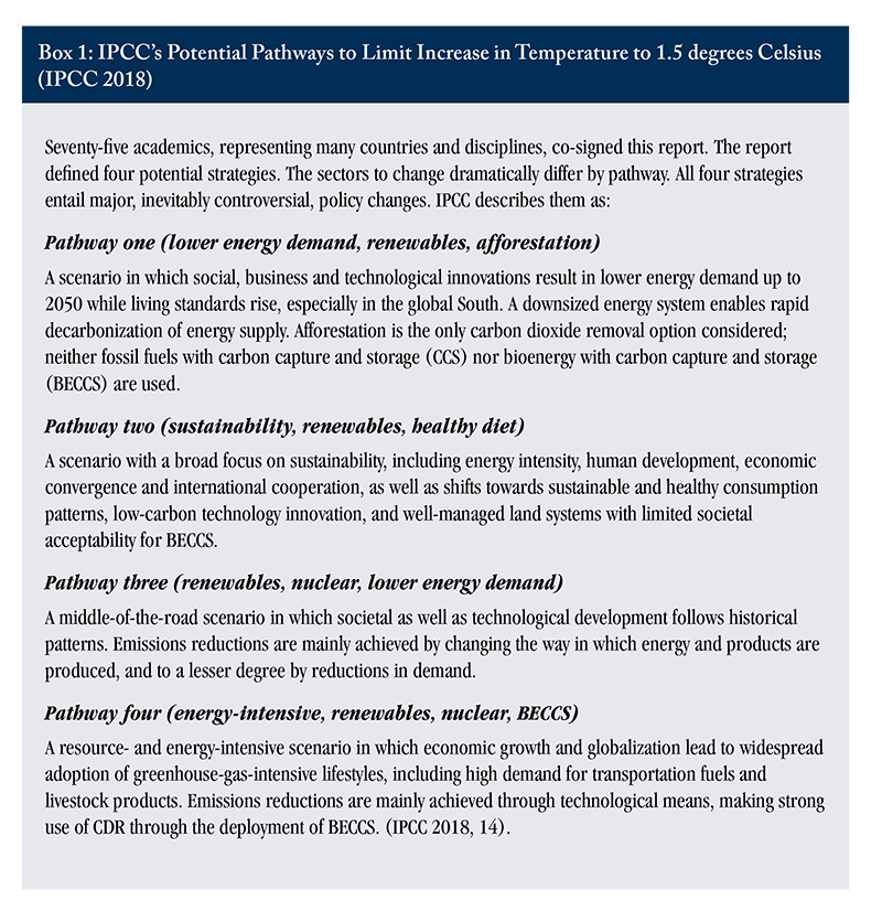 Box 1: IPCC's Potential Pathways to Limit Increase in Temperature to 1.5 degrees Celsius (IPCC 2018)