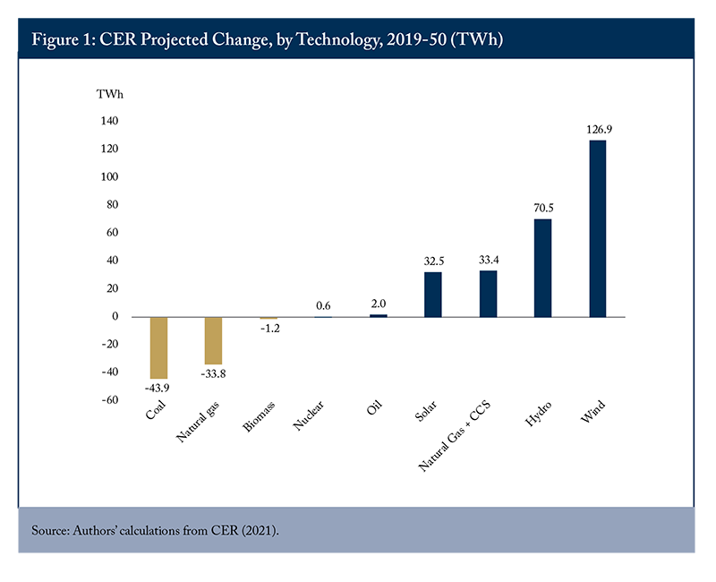 Figure 1: CER Projected Change, by Technology, 2019-50 (TWh)